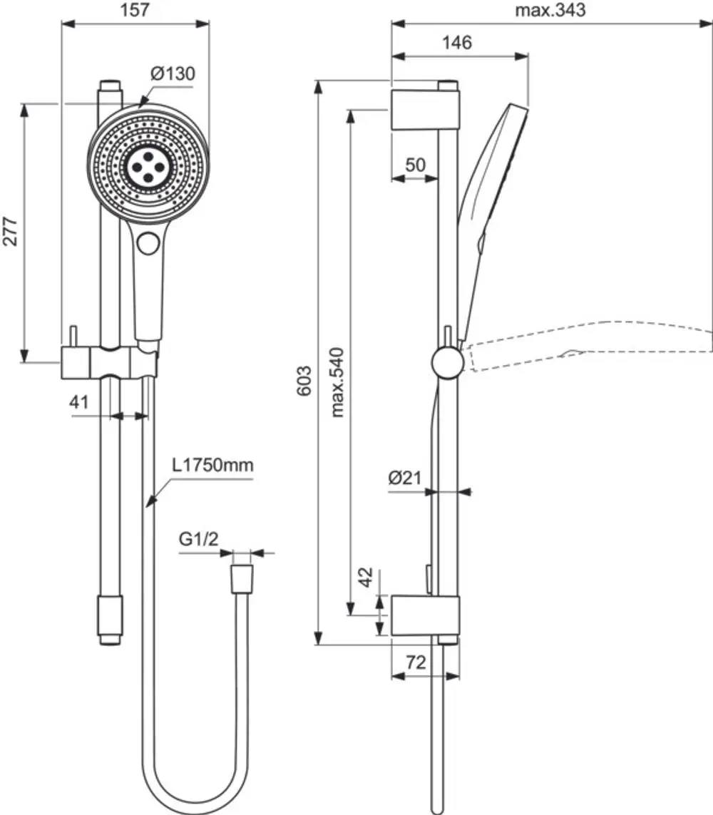 Brausekombination von Ideal Standard mit Handbrause und Schlauch, montagefertig mit Halterung und verschiedenen Dimensionen für individuelle Anwendung.